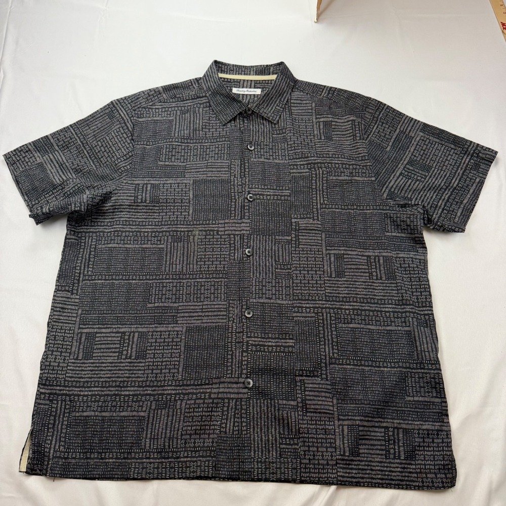 Tommy Bahama Button Down Men XXL Black Silk Blend Geometric Patchwork Shirt